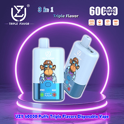 Promotional image of UZY 60,000 Puffs Triple Flavors Disposable Vape featuring a cartoon monkey design and illuminated features.