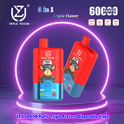Promotional image of the UZY 60,000 Puffs Triple Flavor Disposable Vape featuring a red and blue device with a cartoon monkey graphic, neon purple lighting, and details highlighting triple flavors and Type-C charging port.