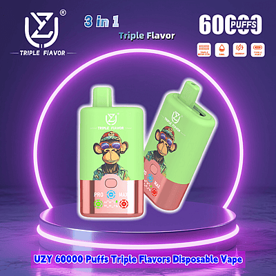 A promotional image of the UZY 60000 Puffs Triple Flavors Disposable Vape featuring vibrant packaging showing a sunglasses-wearing monkey illustration, set against a purple background with neon circular accents.