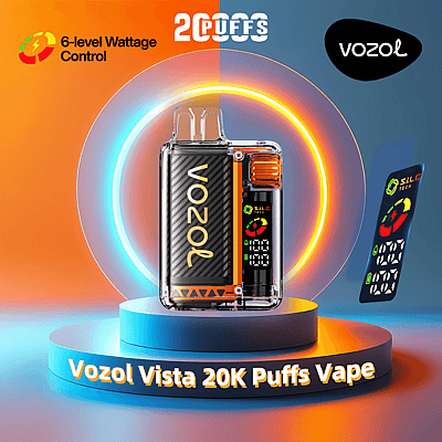 Vozol Vista 20K Puffs Vape showcasing its 6-level wattage control feature, displayed on a circular platform in a colorful background, with the Vozol logo and advanced SLiC Tech settings visible.