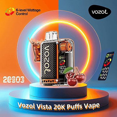 An advertisement for the Vozol Vista 20K Puffs Vape showcasing its 6-level wattage control, featuring a stylish vape device with a cherry and cola flavor theme on a backdrop of vibrant colors and glowing rings.