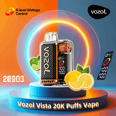 Reklambild som visar Vozol Vista 20K Puffs Vape med 6-nivåers wattstyrka, som visar citrussmaker och framhäver SILC Tech mot en vibrerande orange och blå bakgrund.