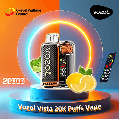 Promotional image featuring the Vozol Vista 20K Puffs Vape with 6-level wattage control, displaying citrus flavors and highlighting SILC Tech on a vibrant orange and blue background.