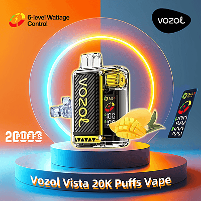 Promotional image for Vozol Vista 20K Puffs Vape featuring a transparent device with 6-level wattage control, surrounded by neon circles, a mango, and the text '20,000 Puffs'.