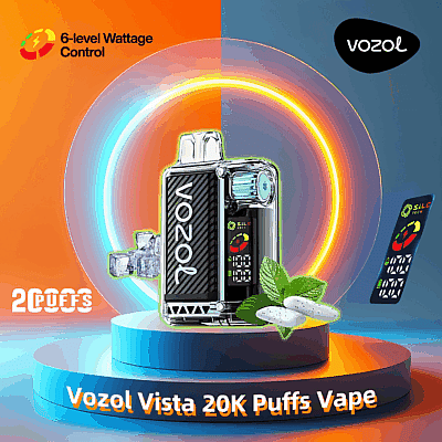 Reklambild av Vozol Vista 20K Puffs Vape med dess 6-nivås wattkontroll mot en orange och blå tonad cirkulär bakgrund, med ikoner av myntablad, isbitar och en kretskortsdesign som framhäver kylnings- och SILC-tekniska funktioner.