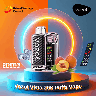 Bild av Vozol Vista 20K Puffs Vape-enhet, med persikosmak och 6-nivåers wattstyrka, omgiven av isbitar och livfulla ljuseffekter med varumärkes- och kapacitetsinformation markerad.