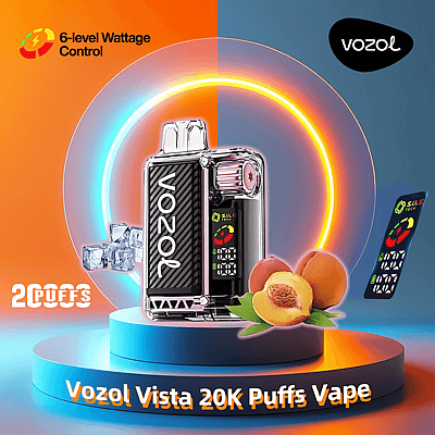 Image of Vozol Vista 20K Puffs Vape device, featuring peach flavor option and 6-level wattage control, surrounded by ice cubes and vibrant lighting effects with branding and capacity information highlighted.