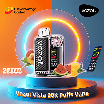 Promotional image of Vozol Vista 20K Puffs Vape featuring 6-level wattage control, with vibrant orange and blue background, fruit graphics, and vape device prominently displayed.