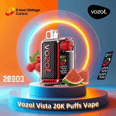 Reklambild av Vozol Vista 20K Puffs Vape med illustrationer av vattenmelon och hallon, med 6-nivåers wattstyrka, mot en vibrerande orange och blå bakgrund.