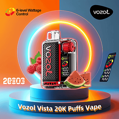 Promotional image of Vozol Vista 20K Puffs Vape with watermelon and raspberry illustrations, featuring 6-level wattage control, against a vibrant orange and blue background.