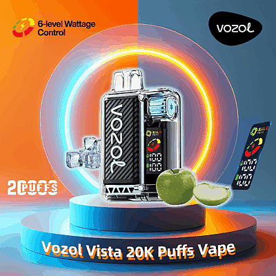 En reklam för Vozol Vista 20K Puffs Vape, med vape-enheten med 6-nivåers wattstyrka, digital display och en bild av skivade gröna äpplen, mot en livfull bakgrund med orange och blå nyanser.