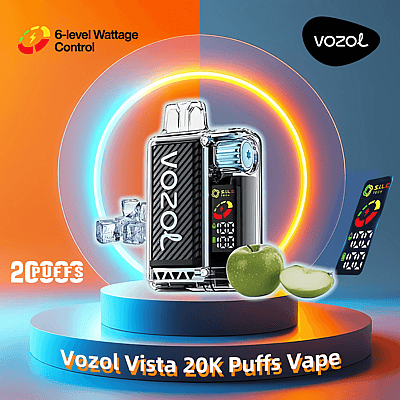 An advertisement for the Vozol Vista 20K Puffs Vape, featuring the vape device with 6-level wattage control, digital display, and a visual of sliced green apples, set against a vibrant background with orange and blue hues.