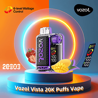 Promotional image for Vozol Vista 20K Puffs Vape featuring a colorful vape device with 6-level wattage control, a digital display, and strawberry and mango flavors depicted.