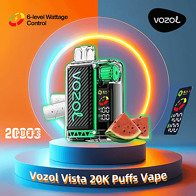 A promotional image for the Vozol Vista 20K Puffs Vape featuring a green and black vape device with 6-level wattage control, displayed on a colorful circular backdrop, alongside watermelon slices to imply flavor.