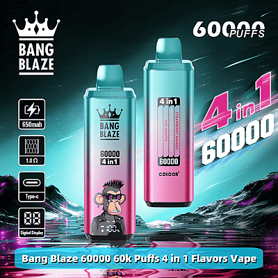 Promotional image featuring two Bang Blaze 60000 Puff 4-in-1 vape devices in gradient colors, highlighting features such as 650mAh battery, digital display, and Type-C charging alongside flavor selections and branding.