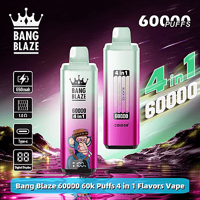 Promotional image showcasing Bang Blaze 60000 Puff Vape with 4 flavor options, digital display, and pink vaporizer designs against a dynamic backdrop.