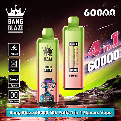 Two Bang Blaze 4-in-1 vape devices featuring 60,000 puffs capacity, with vibrant packaging and product details displayed against a colorful backdrop.
