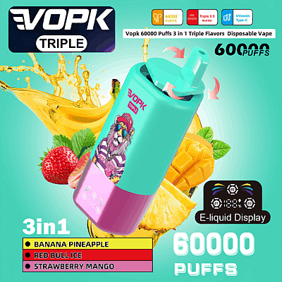 Immagine promozionale di una sigaretta elettronica usa e getta VOPK Triple da 60.000 tiri, design colorato, espositore per e-liquid e tre gusti: Banana Pineapple, Red Bull Ice e Strawberry Mango, con vivaci illustrazioni di frutta sullo sfondo.