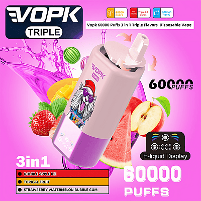 Advertisement for VOPK Triple disposable vape, highlighting 60,000 puffs capacity, triple flavors including Double Apple Ice, Tropical Fruit, and Strawberry Watermelon Bubble Gum, with a colorful design against a vibrant pink background.
