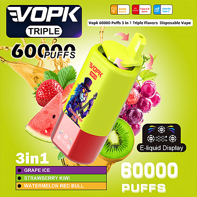 Promotional image of the VOPK Triple 3-in-1 disposable vape detailing features including 60,000 puffs capacity, three flavors (Grape Ice, Strawberry Kiwi, Watermelon Red Bull), e-liquid display, and a vibrant packaging design.