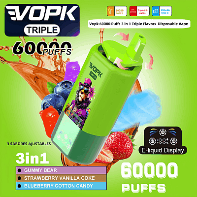 Dispositivo per svapare usa e getta di colore verde brillante che mostra il marchio VOPK triple con 60.000 tiri, con tre gusti: orsetto gommoso, Coca-Cola alla fragola e vaniglia e zucchero filato al mirtillo, circondato da grafiche di frutta e testo promozionale.