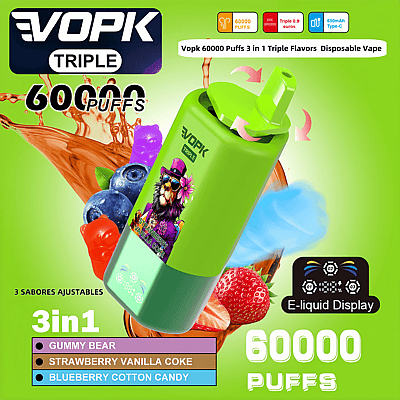 Bright green disposable vape device displaying the brand VOPK triple with 60,000 puffs, featuring three flavors: gummy bear, strawberry vanilla coke, and blueberry cotton candy, surrounded by fruit graphics and promotional text.