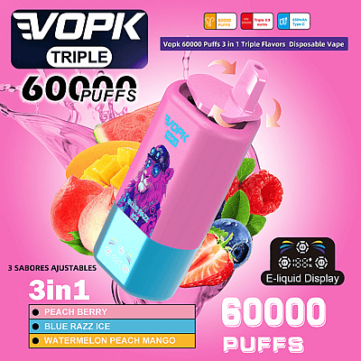 Promotional image for the VOPK Triple disposable vape offering 60,000 puffs, featuring three adjustable flavors: Peach Berry, Blue Razz Ice, and Watermelon Peach Mango, shown with vibrant fruit illustrations on a pink background.