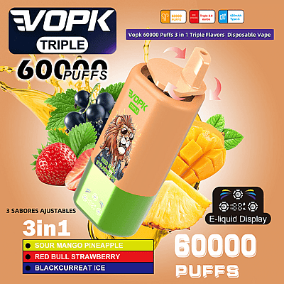 Promotional image of VOPK Triple Disposable Vape, featuring 60,000 puffs, three switchable flavors including Sour Mango Pineapple, Red Bull Strawberry, and Blackcurrant Ice, and E-liquid Display technology.