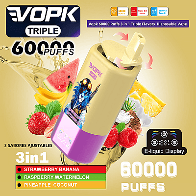 Promotional image of the VOPK Triple disposable vape with 60,000 puffs, featuring adjustable three-in-one flavors: Strawberry Banana, Raspberry Watermelon, and Pineapple Coconut, with an illustration of a blue character on the device and details about its E-liquid display and Type-C charging.