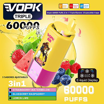 Advertisement for VOPK Triple disposable vape with 60,000 puffs capacity, featuring adjustable flavors including strawberry watermelon, blueberry raspberry, and lemon lime, alongside an e-liquid display feature.