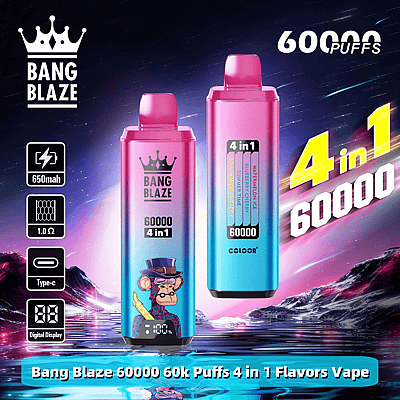 An advertisement showcasing two Bang Blaze 60000 4-in-1 vape devices with vibrant pink and blue designs, flavor details displayed, and technical specifications like 650mAh battery and Type-C charging outlined. Background features a neon galaxy theme.
