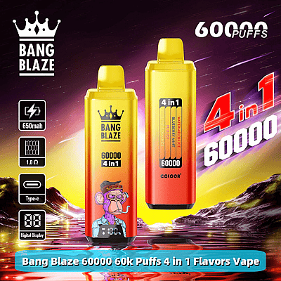 Promotional image for Bang Blaze vape featuring two yellow and red devices with a capacity of 60,000 puffs and four flavors, including watermelon ice and blueberry mint, with specifications like 650mAh battery and digital display highlighted.