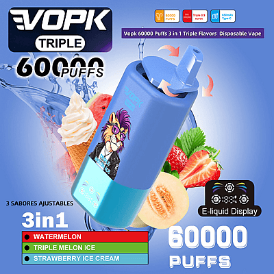 Promotional image of the Vopk 60000 Puffs Triple Flavors Disposable Vape, featuring watermelon, triple melon ice, and strawberry ice cream flavors, with a blue vape device displaying a lion character in sunglasses and leather jacket.