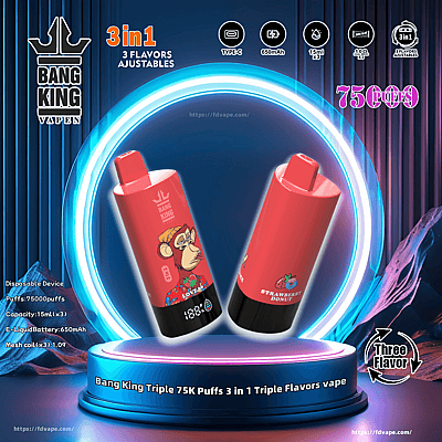 Werbebild des Einweg-Vaporizers von Bang King, das zwei bunte Geräte vor einem leuchtenden kreisförmigen Hintergrund zeigt und Funktionen wie „3-in-1-Aromen“, eine Kapazität von 75.000 Zügen und einen 650-mAh-Akku hervorhebt.