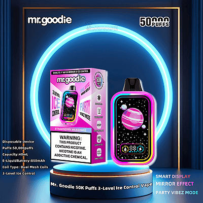 Mr. Goodie 50K Puffs 3-Level Ice Control Vape with strawberry milkshake flavor, featuring smart display, mirror effect, and Party Vibez mode, with its packaging highlighting 50,000 puffs, 40mL capacity, and nicotine warning.