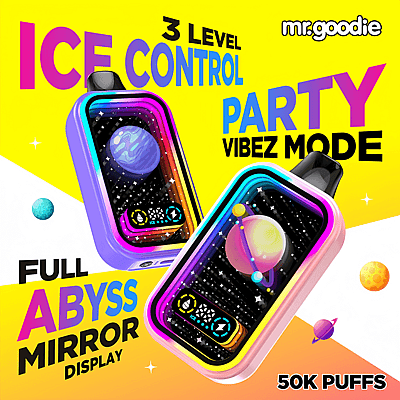 Promotional image for Mr. Goodie's vape devices featuring colorful space-themed displays, with text highlighting features such as 3 Level Ice Control, Party Vibez Mode, Full Abyss Mirror Display, and 50K Puffs, set against a vibrant yellow and white background.