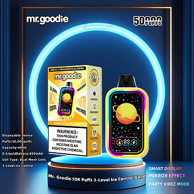 Advertisement for Mr. Goodie disposable vape with mango pineapple ice flavor, featuring 50,000 puffs, a 40mL capacity, dual mesh coils, and a 3-level ice control, displayed alongside its packaging which highlights its mirror effect and party vibez mode.