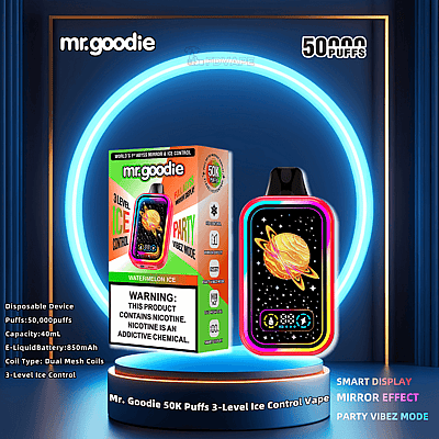 Promotional image for Mr. Goodie 50,000 Puffs disposable vape featuring 3-level ice control and a mirrored display, highlighting Watermelon Ice flavor with vibrant neon accents and a space-themed design.