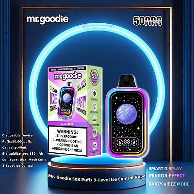 Promotional image of Mr. Goodie disposable vape device featuring a colorful design and packaging, highlighting key features such as 50,000 puffs capacity, dual mesh coils, 3-Level Ice Control, and Party Vibez Mode.