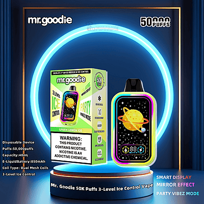 A Mr. Goodie branded disposable vape featuring "50,000 puffs" advertised on the packaging, with details about its 3-level ice control and Party Vibez mode, set against a futuristic glowing backdrop.