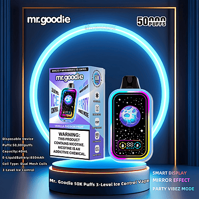 Promotional image of the Mr. Goodie disposable vape device, featuring a colorful design and packaging highlighting "50,000 puffs," "3-Level Ice Control," and "Party Vibez Mode," with a warning about nicotine content.