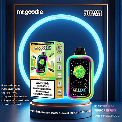 Image of Mr. Goodie 50K Puffs 3-Level Ice Control disposable vape in apple cinnamon flavor, showcasing smart display, mirror effect, and party vibez mode against a neon blue circular backdrop, emphasizing its nicotine content warning and features like 40ml e-liquid capacity and dual mesh coils.