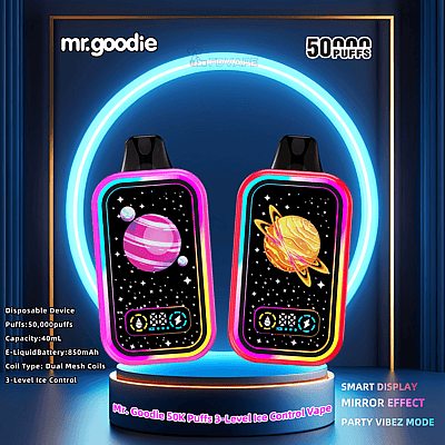 Two Mr. Goodie disposable vape devices with bright neon frames and galaxy-themed panel designs featuring planets, set against a glowing blue ring and surrounded by product specifications advocating 50,000 puffs and advanced display features.