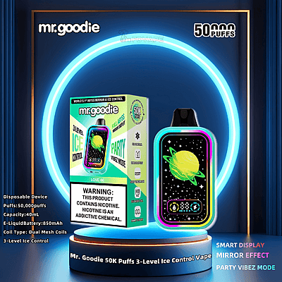 Advertisement for Mr. Goodie disposable vape showcasing its packaging and device, featuring 50,000 puffs, 3-level ice control, smart display, mirror effect, and party vibez mode.