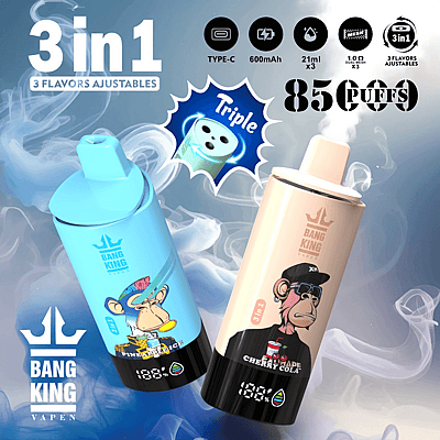 Imagen promocional del vaporizador desechable Bang King que muestra dos dispositivos con diseños de dibujos animados que representan monos, que ofrecen sabores tres en uno ajustables e indican especificaciones como capacidad de batería de 600 mAh y 8500 bocanadas.