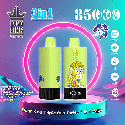 Imagen promocional del vaporizador Bang King, que muestra un dispositivo desechable que ofrece 85,000 bocanadas con sabores triples ajustables, con opciones de mango, durazno, menta y bayas, resaltado por un fondo de neón y especificaciones detalladas para su capacidad de 21 ml, batería de 600 mAh y compatibilidad de carga Tipo-C.