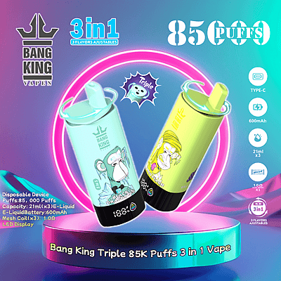 Imagen promocional que muestra dos dispositivos Vape Bang King Triple 85K Puffs 3-en-1, cada uno con distintos diseños ilustrados de simios, rodeados de especificaciones del producto y una estética iluminada con neón.