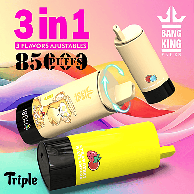 Imagen promocional de un dispositivo de vapeo Bang King que muestra su función "3 en 1" que ofrece tres sabores ajustables, capacidad de 8500 bocanadas y un diseño colorido.