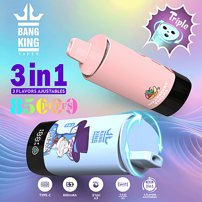 Imagen promocional de Bang King Vapen que presenta los dispositivos de vapeo desechables 3 en 1 en variantes rosa y azul, destacando 8500 bocanadas, sabores triples ajustables e íconos técnicos que muestran la carga tipo C y la capacidad de líquido.