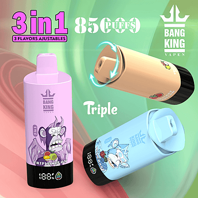 Imagen promocional que muestra tres coloridos vapes Bang King con diseños únicos, etiquetados como sabores 3 en 1 y capacidad de 8500 bocanadas, con un primer plano de una función ajustable.
